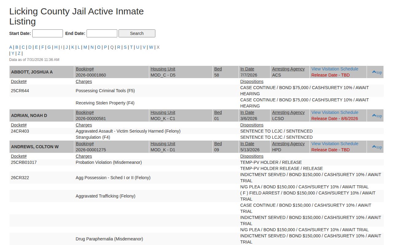 Licking County released inmate search active-custody roster fields
