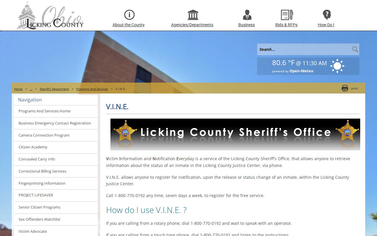 Licking County inmate release notification and VINE PIN steps