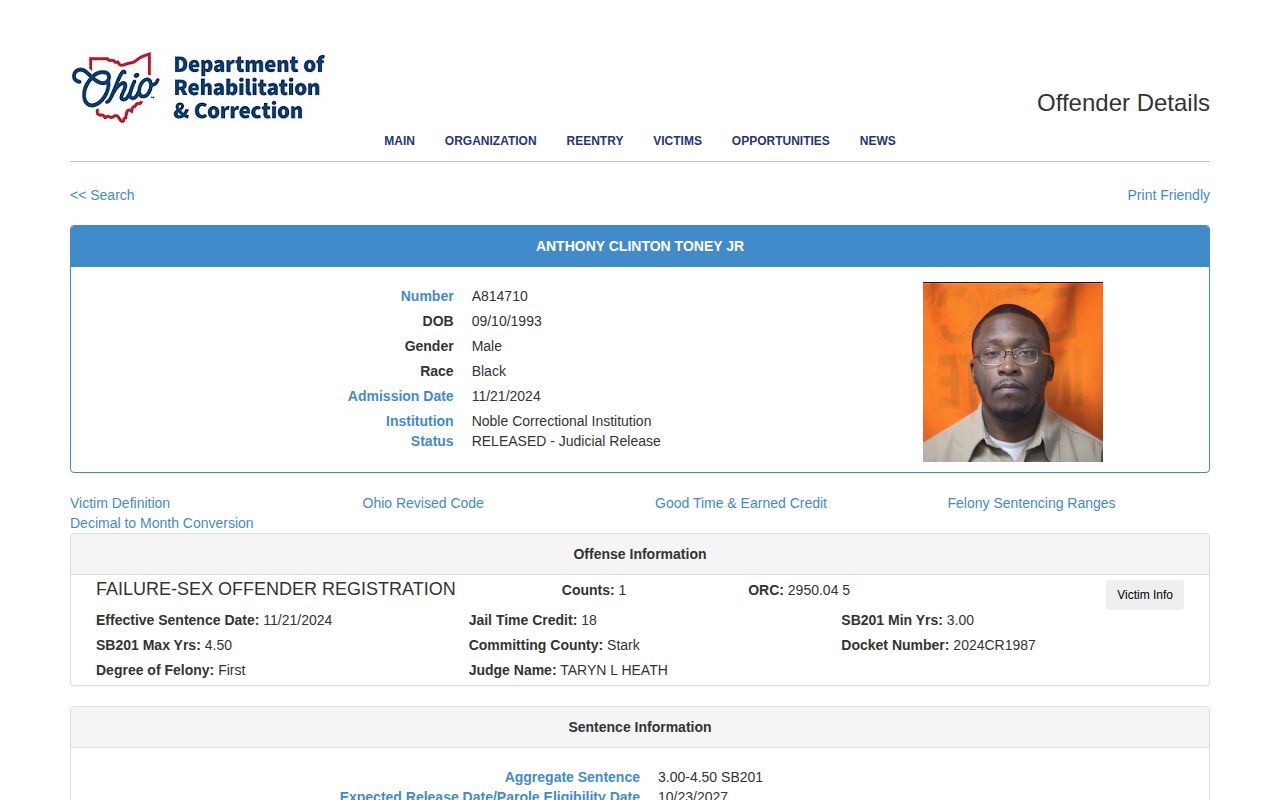 ODRC example for a released Licking County state inmate record