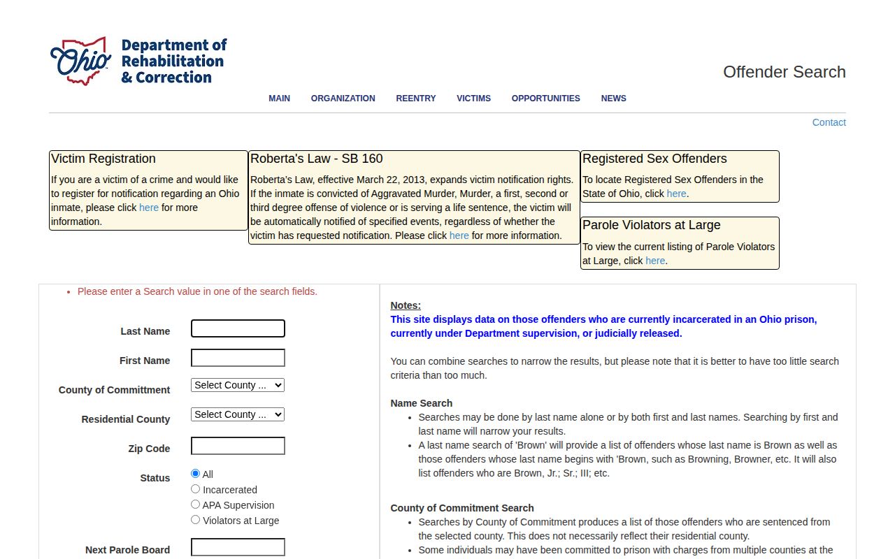 Licking County parole hearing and probation supervision search fields